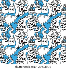 Funny monsters seamless vector pattern on blue background