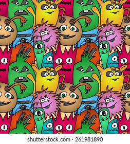 Funny monsters seamless vector pattern in bright colours