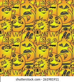 Funny monsters seamless vector pattern in gold colours