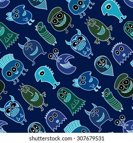 Funny monsters seamless vector pattern.