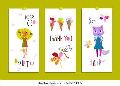 Funny monsters. Set of banners, flyers, cards with funny fantastic characters and ice cream. Bright colorful background for children's design, advertising. Summer collection. Vector illustration