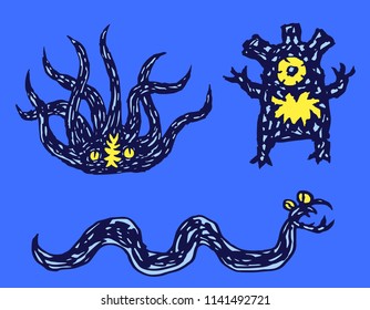 Funny monsters set. Cheerful collection creatures. Vector illustration.