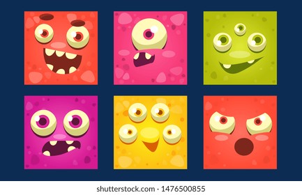 Funny Monsters Set, Colorful Mutant Emojis, Cute Emoticons with Different Emotions Vector Illustration