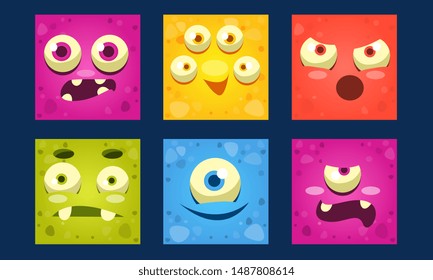 Funny Monsters Set, Colorful Square Mutant Emojis, Cute Emoticons with Different Emotions Vector Illustration