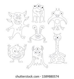 Funny monsters. Set of elements in cartoon style. Outline vector illustration. Black and white