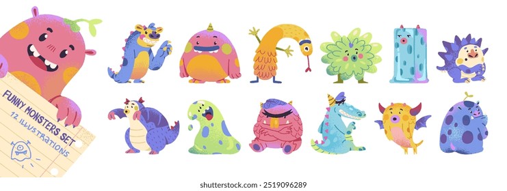 Conjunto de monstruos divertidos. Feliz boo de los niños alienígenas. Personajes lindos de Halloween con alas, cuernos. Diferentes mascotas de miedo, divertidas pesadillas infantiles. Ilustraciones vectoriales aisladas planas sobre fondo blanco