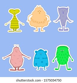 Funny monsters set sticker. Vector isolated color flat image on a blue background. Vectonian stock illustrationblue 