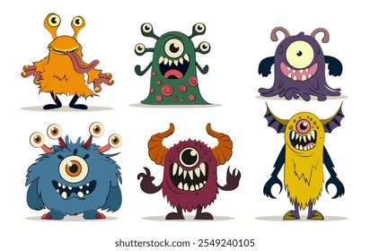 Conjunto de monstruos divertidos. Demonios y demonios amarillos, verdes y azules. Imaginación y fantasía, personajes ficticios. Pegatinas para redes sociales. Colección plana del Vector aislada en el fondo blanco