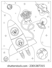 Funny monsters in space. Black and white vector illustration for coloring book. Vector illustration.