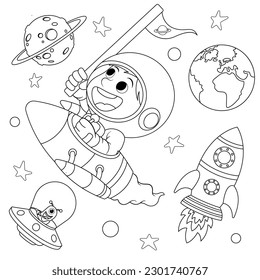 Funny monsters in space. Black and white vector illustration for coloring book. Vector illustration.