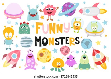Funny Monsters Space Set. Cute Aliens, Planets, Rockets, UFO. Isolated on White background. Vector illustration.
