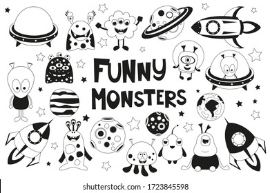 Funny Monsters Space Set. Monochrome Cute Aliens, Planets, Rockets, UFO. Isolated on White background. Vector illustration. Black and White Cliparts.