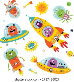 Funny Monsters In Space. Vector Illustration For Children