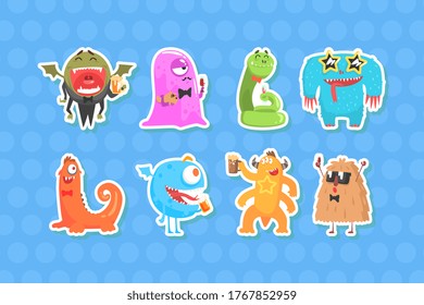 Funny Monsters Stickers Collection, Cheerful Comic Fantastic Creatures Characters Patches Vector Illustration
