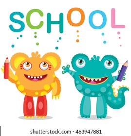Funny Monsters And Text School On A White Background  Vector Illustrations. Back to School Theme. Colored Letters Vector. Cartoon Monster Mascot.