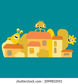 Funny monsters in the town, Cartoon Vector illustration on blue