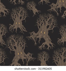 Funny monsters.Vector abstract seamless floral fantasy pattern of dark beige brown colored  cartoon tree silhouette with curly branches and yellow eyes on black background. Halloween party decoration