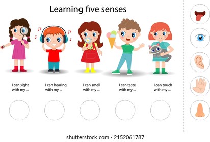 Funny montessori game for kids. Learning five senses. Vector illustration.