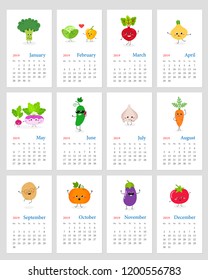 Funny monthly calendar 2019 year with happy cartoon vegetable characters. Week starts on Monday