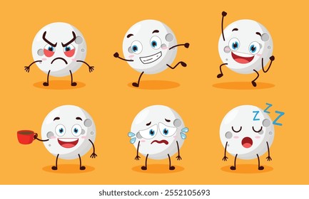 funny moon cartoon character with various pose activity design illustration