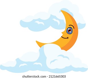 Funny moon and clouds cartoon vector art and illustration