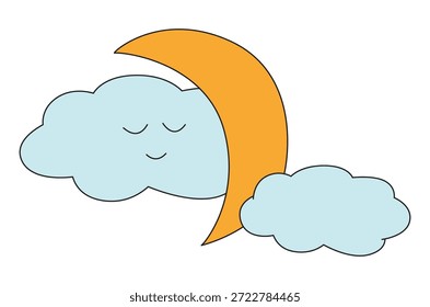 Funny moon and clouds on a white background