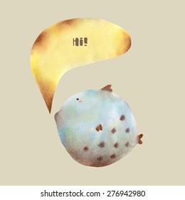 Funny moon fish with text bubble made in watercolor technique