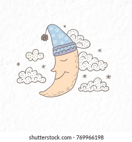 Funny moon. Nursery art. Minimalist scandinavian style. Character for kids card, print for t-shirt and more. Winter season.