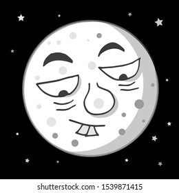 Funny moon on a black background with stars looks down. The moon in the sky.