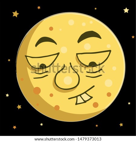 Funny moon on a black background with stars looks down. The moon in the sky.
