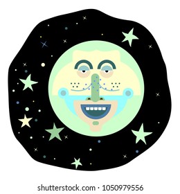 Funny moon on night sky. Vector avatar.