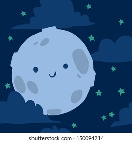 Funny moon with tiny stars seamless background pattern for kids. Vector illustration.