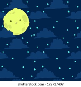 Funny moon with tiny stars seamless background pattern for kids and games. Vector illustration.