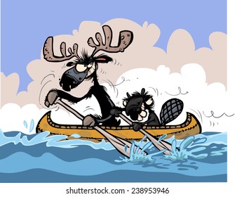 Funny Moose and Beaver characters on canoe.