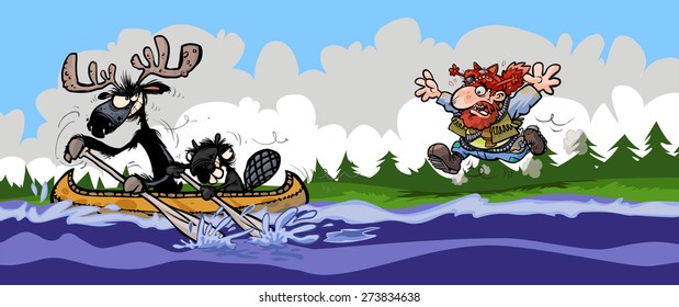 Funny Moose, Beaver and Trapper illustration.