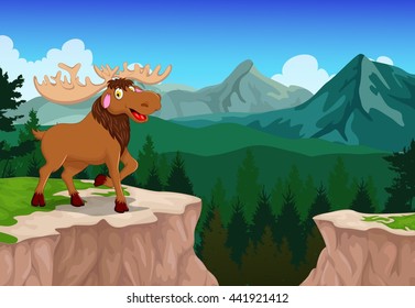 funny moose cartoon with mountain cliff landscape background