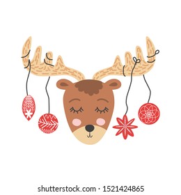 Funny moose with Christmas balls, hand drawn illustration.
