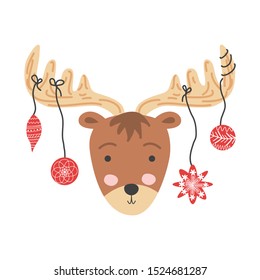 Funny moose with Christmas balls, hand drawn illustration.
