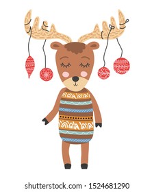 Funny moose with Christmas balls, hand drawn illustration.