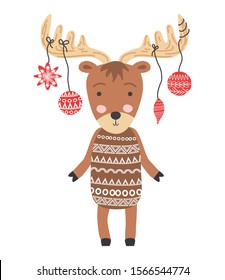 Funny moose with Christmas balls, hand drawn illustration.