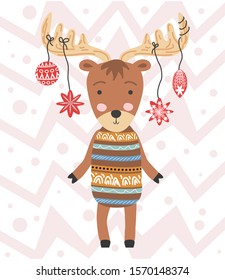 Funny moose with Christmas balls, hand drawn illustration.