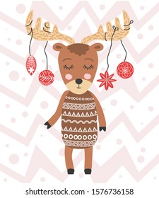 Funny moose with Christmas balls, hand drawn illustration.