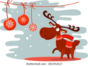 Funny moose with Christmas decoration. Cute cartoon character in red scarf. New Year collection, winter design, vector illustration. 