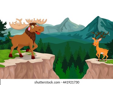 funny moose and deer cartoon with mountain cliff landscape background