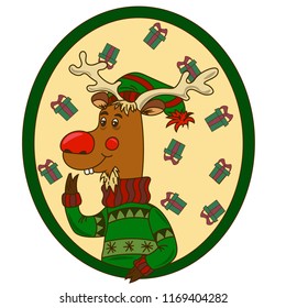 Funny moose in a sweater and hat. New Year's collection