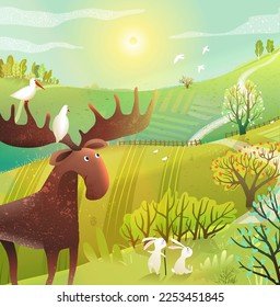 Funny moose in wild nature scenery, summer landscape. Animals in the countryside landscape background. Cute moose cartoon for kids. Hand drawn vector illustration in watercolor style.