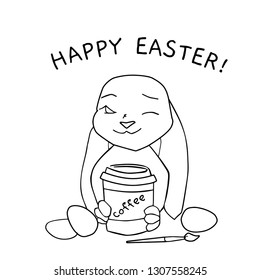 Funny morning rabbit artist with Easter egg and paint brush