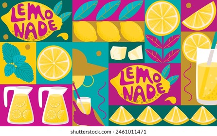 Funny mosaik background with lemonade.Whole lemon fruit with lettering, citrus pieces, female silhouette with drink, leaves, mint, ice.Modern print on fabric and paper.Vector seasonal abstract design.