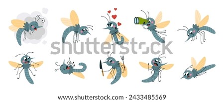 Funny mosquitoes. Isolated mosquito in various poses and with different emotions. Cartoon parasitic seasonal insect, cute classy vector characters