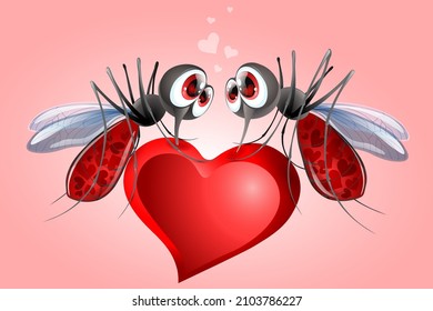 Die lustigen Moskitos datieren mit dem Cartoon. Nahaufnahme. Valentinstag Konzeptkarte.